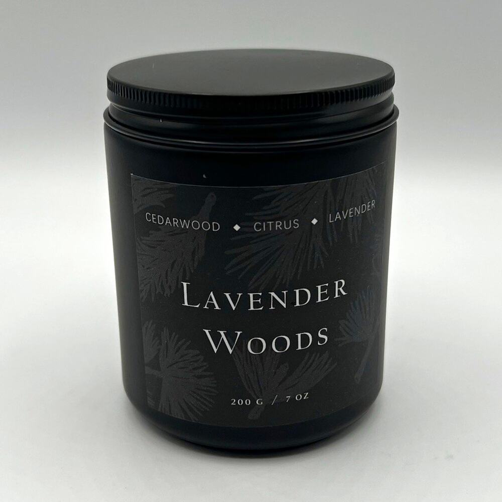 Lavender Woods Scented 7oz Single Wick Candle Black Metal Jar Round Indoor w/lid